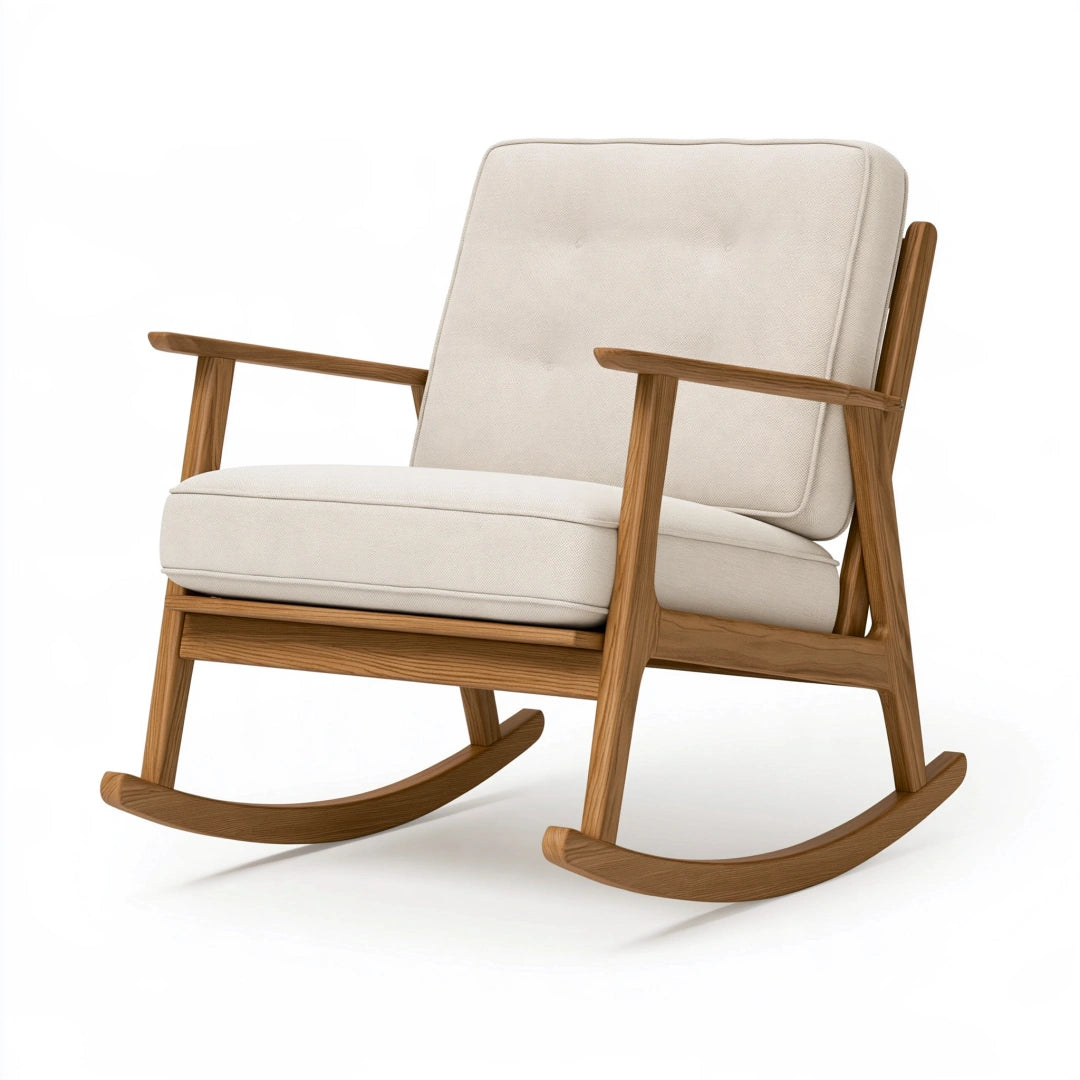 Poltrona a dondolo 72 x 90 x 100 cm in legno e tessuto beige stile scandinavo