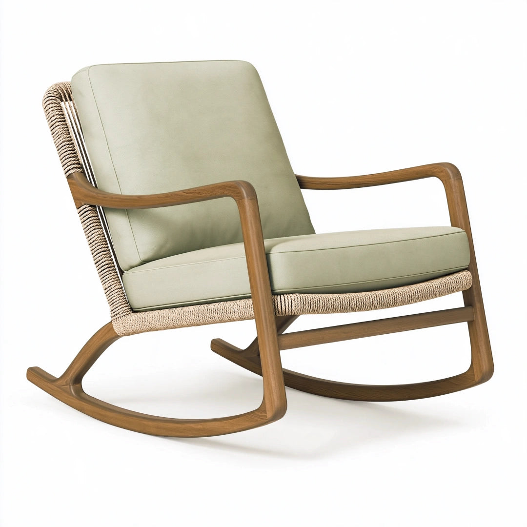 Sedia a dondolo 70 x 100 x 95 cm in legno marrone con corda intrecciata e rivestimento verde