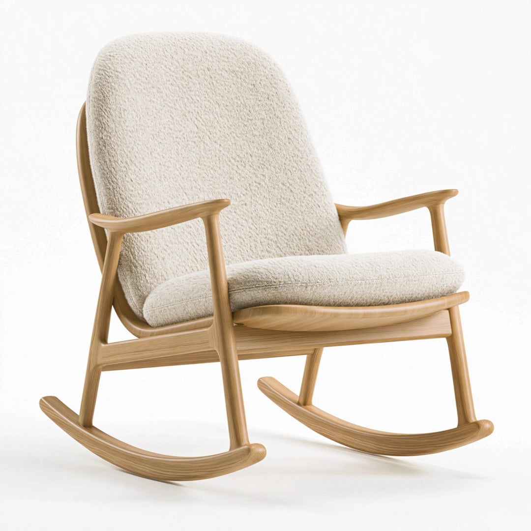 Sedia a dondolo 68 x 95 x 98 cm in legno naturale e tessuto bouclé beige con braccioli