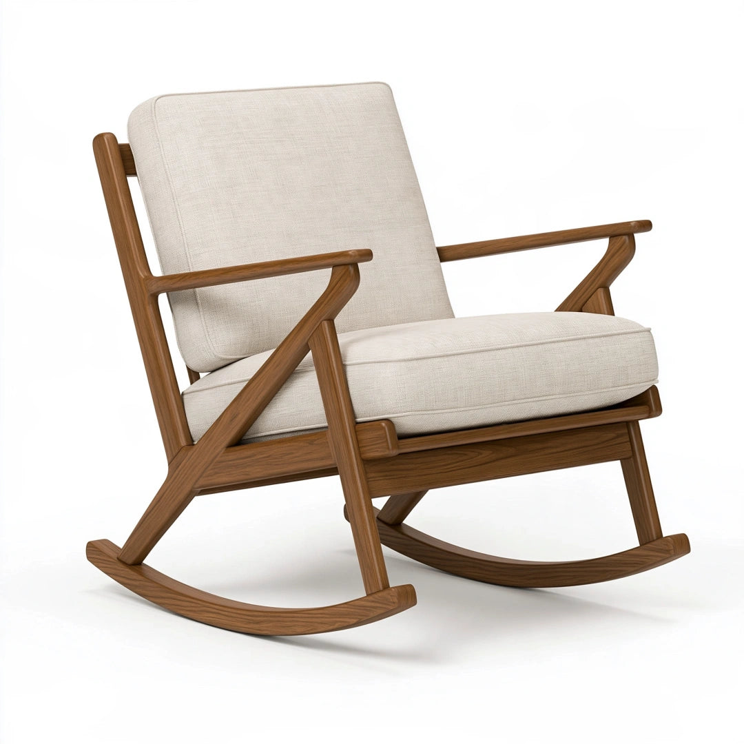 Sedia a dondolo 95 x 70 x 100 cm in legno e tessuto beige stile nordico