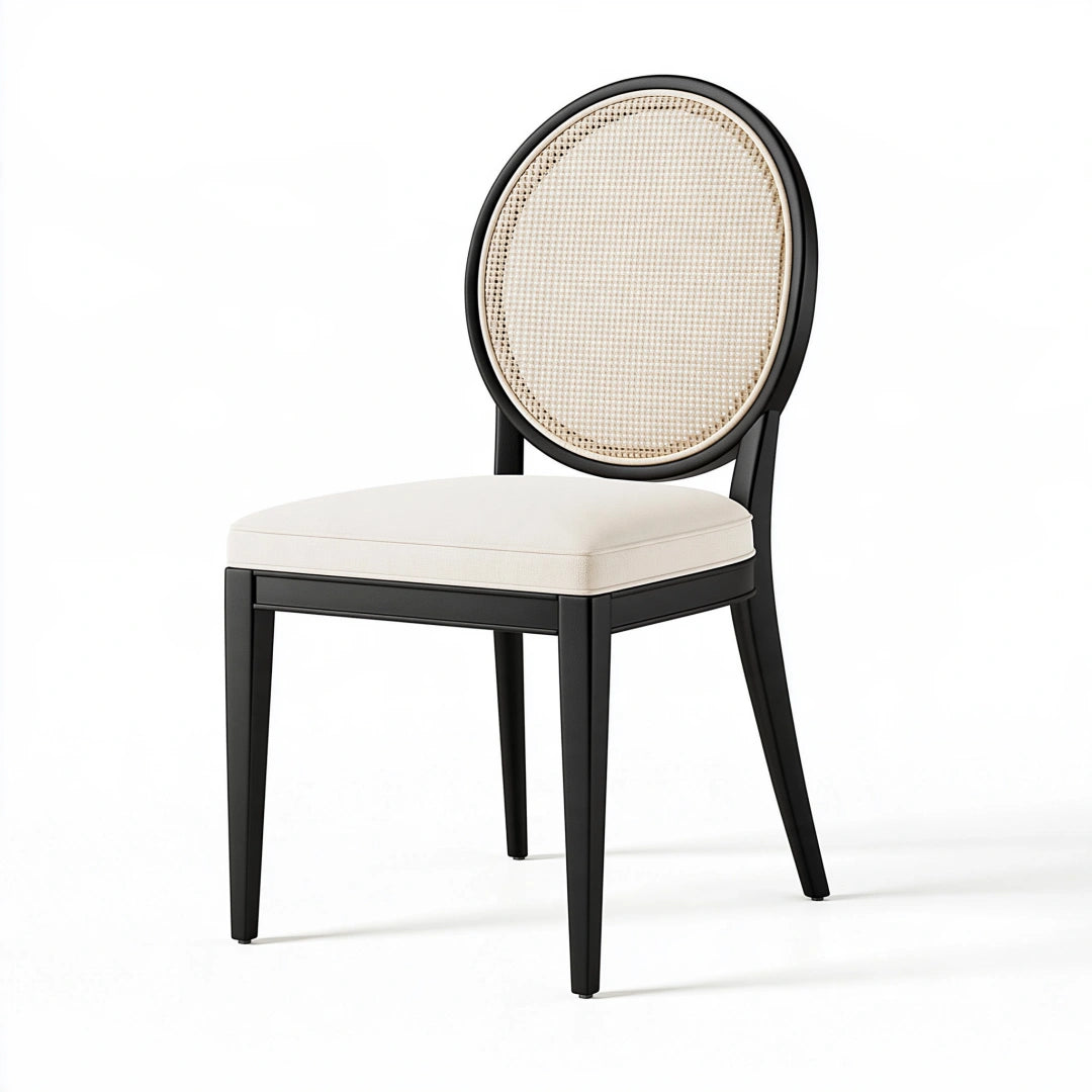 Sedia da pranzo 50 x 56 x 92 cm in legno nero con schienale in rattan e seduta imbottita crema