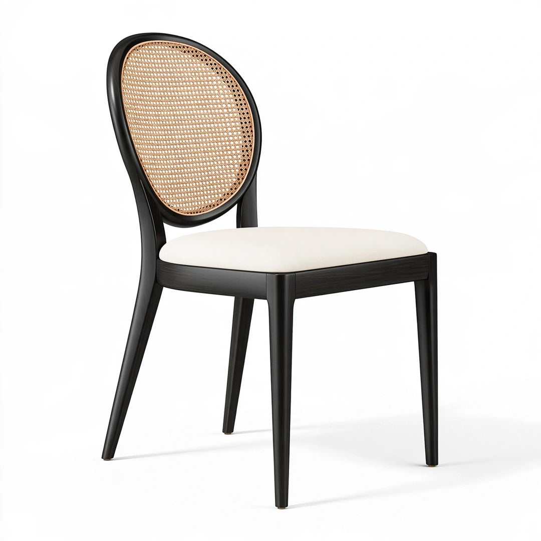Sedia da pranzo 50 x 55 x 90 cm in legno nero con schienale in rattan e seduta imbottita stile moderno