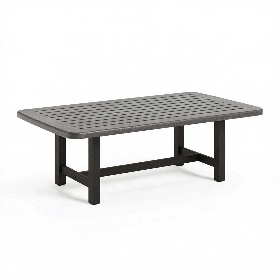 Tavolo da giardino 150x90x75 cm in resina grigio con struttura in metallo nero - stile moderno per esterno