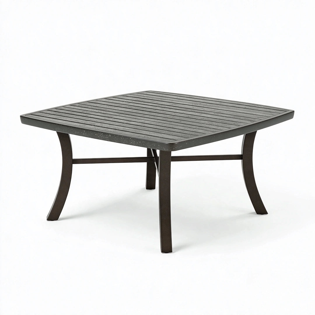 Tavolo da giardino quadrato 90 x 90 x 74 cm in metallo nero - piano a doghe stile contemporaneo