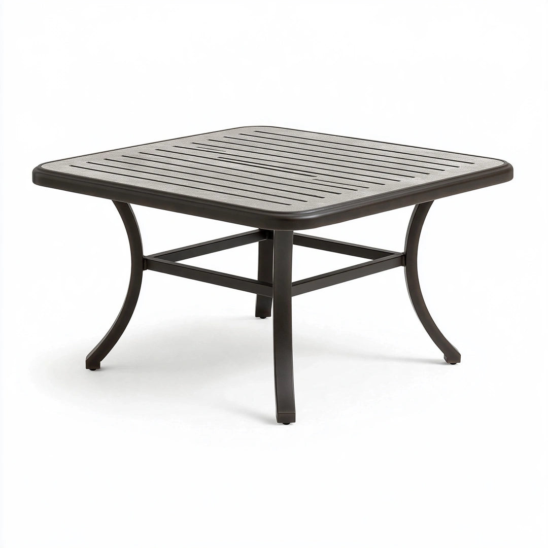Tavolino da giardino quadrato 100x100x45 cm in metallo marrone con piano a doghe stile classico