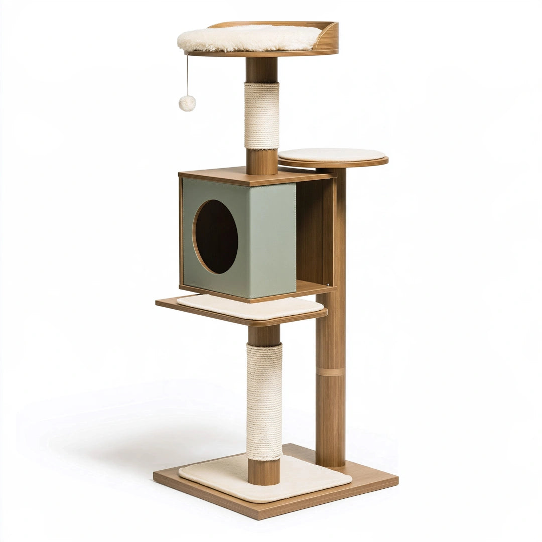 Tiragraffi per gatti 60 x 50 x 150 cm in legno beige e verde salvia con cuccia piattaforme e corde in sisal