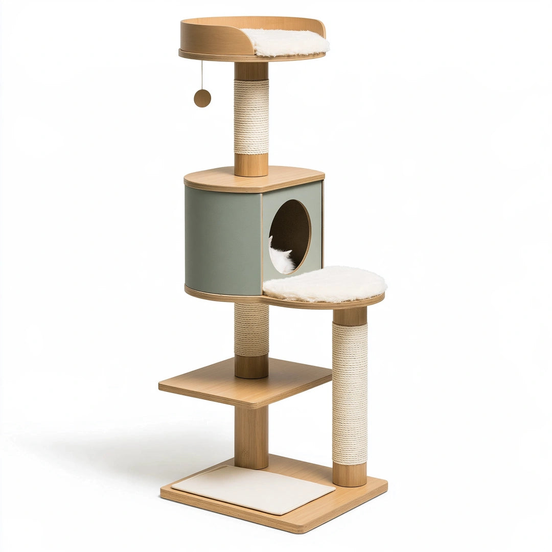 Tiragraffi per gatti 60 x 50 x 150 cm in legno beige e verde con corde in sisal e cuccia