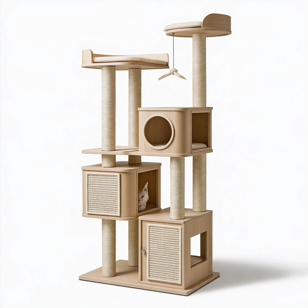 Albero tiragraffi per gatti 60 x 60 x 180 cm in legno beige con colonne in sisal e cucce
