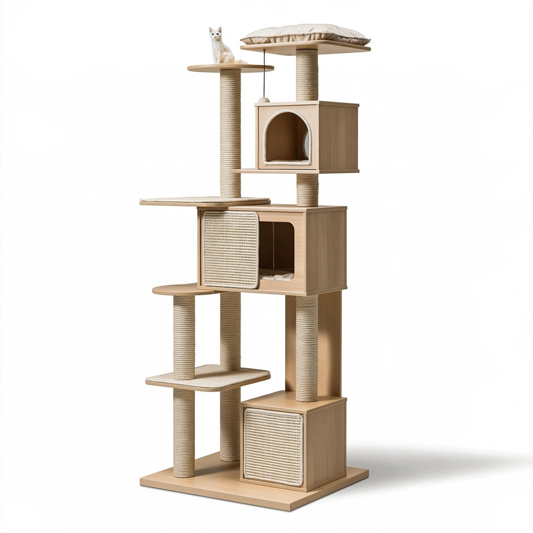 Tiragraffi per gatti 70 x 50 x 180 cm in legno beige con sisal - torre con cucce e piattaforme