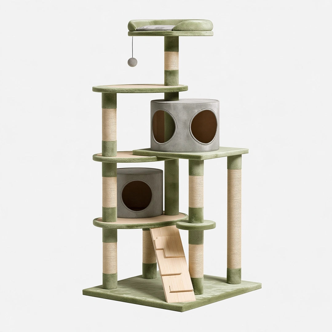 Tiragraffi per gatti 70 x 60 x 170 cm in tessuto verde grigio e sisal con cuccette e piattaforme